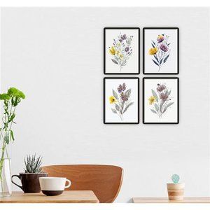 Home Decor Watercolor Wall Art Bees Floral Flower Set of 4 Prints 8.5x11 inch